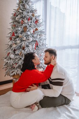 Evdeki Noel ağacının yanında güzel bir çift