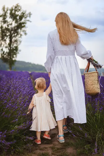 Mother Her Little Daughter Walking Lavender Field — Stock Photo, Image