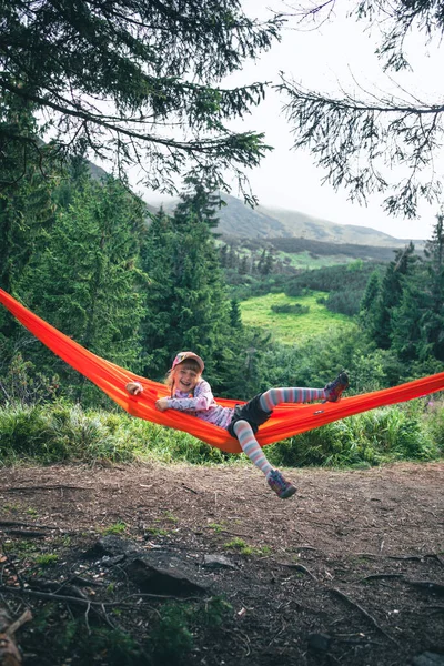 Little Cute Girl Hammock Mountains Hiking Concept — Stock Photo, Image