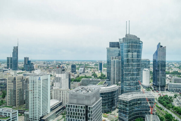 Majestic aerial view Warsaws modern architecture. May 27, 2022. Warsaw, Poland.