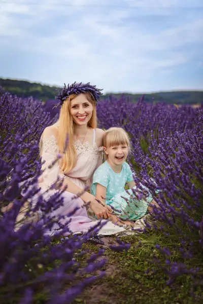 Smiling Mom Hugs Her Daughter Lavender Field Family Picnic Lavender Royalty Free Stock Images