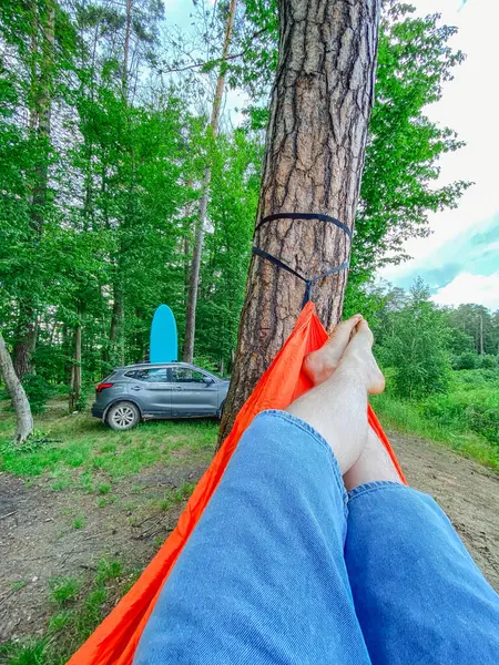 Pov Man Laying Hammock Car Supboard Background Copy Space Stock Picture