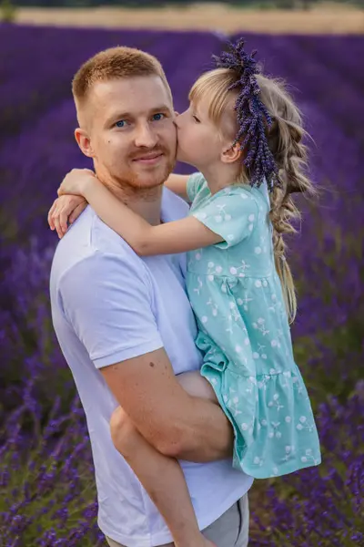 Daughter Kisses Dad Cheek Happy Father Holds Child His Arms Royalty Free Stock Photos