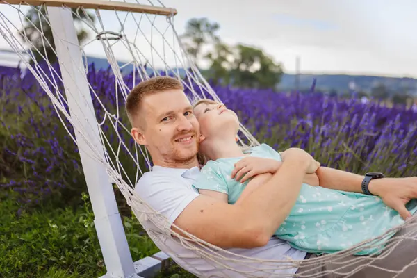 Happy Father Daughter Lie Hammock Lavender Field Background — Stock Photo, Image