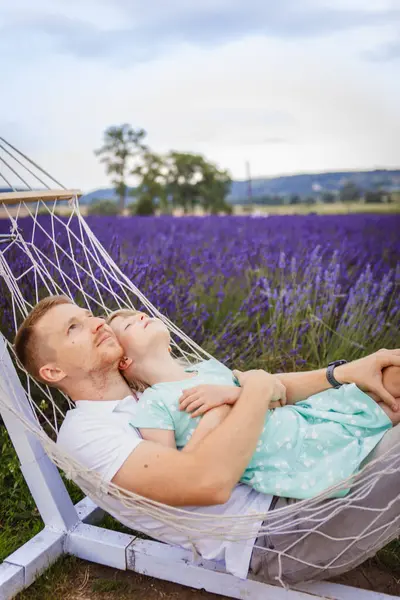 Happy Father Daughter Lie Hammock Lavender Field Background Stock Photo
