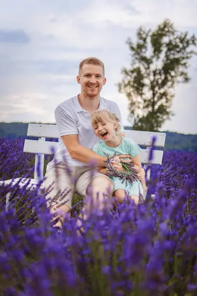 Happy Father Daughter Sitting Bench Lavender Field Royalty Free Stock Photos