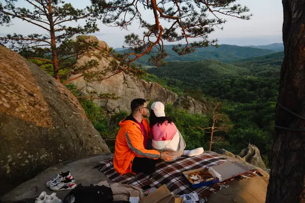 Happy Couple Having Date Cliff Sunset Enjoy Time Together Stock Photo