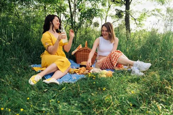 Dos Mujeres Jóvenes Disfrutando Naturaleza Sentadas Sobre Una Manta Fotos De Stock