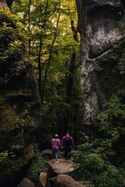 Karpat Dağları 'ndaki kanyonda yürüyüş yapan iki turist