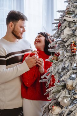 Evdeki Noel ağacını süsleyen çift.