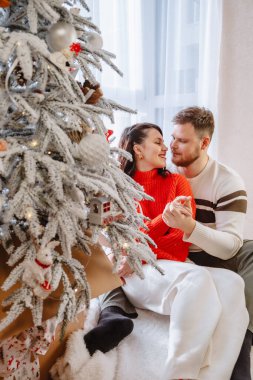 Evdeki Noel ağacının yanında güzel bir çift