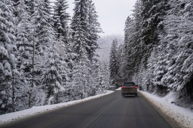 Karlı Dağ Yolundaki Araba Ukrayna Karpatı