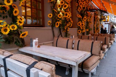 Ayçiçeği dekoru kopyalama alanı olan Büyüleyici Açık Cafe