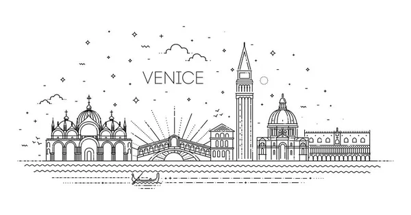 Włochy Wenecja Linia Art Vector Ilustracja Wszystkimi Słynnymi Budynkami — Wektor stockowy