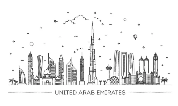 Birleşik Arap Emirlikleri Gökyüzü Arka Planında Panorama Olan Silueti Vektör — Stok Vektör
