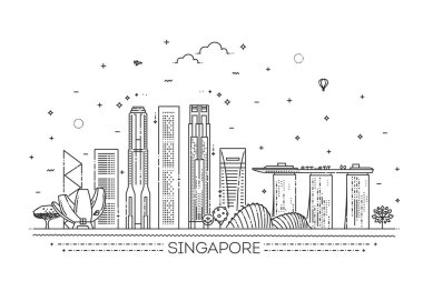 Singapur mimari satır manzarası illüstrasyon. Doğrusal vektör cityscape ünlü simge ile