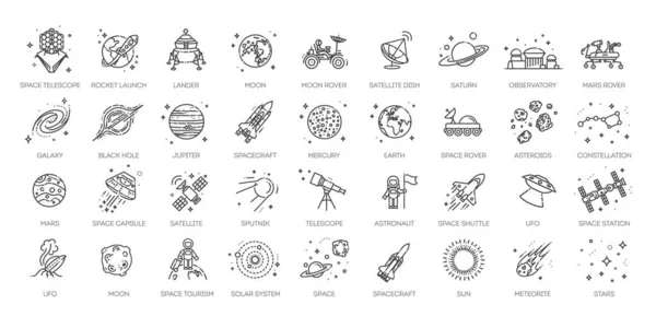 Піктограми Космічних Досліджень Pack Збірка Піктограм Тонкої Лінії Набір Піктограм — стоковий вектор