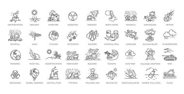 Disaster Icon Pack. Collection of thin line icons related to different disasters