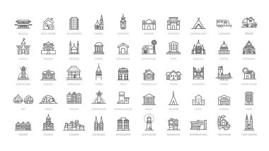 Set of simple outline urban building Icons. Thin line art icons pack. Vector illustration