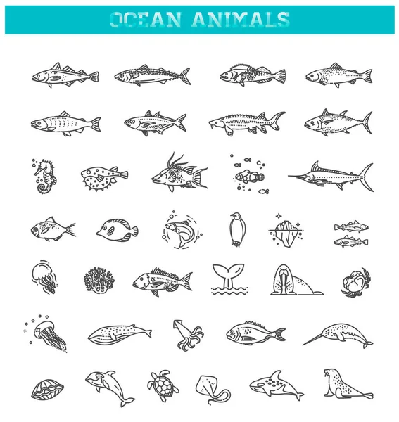 Underwater Fauna Outline Collection Vector Set — Image vectorielle