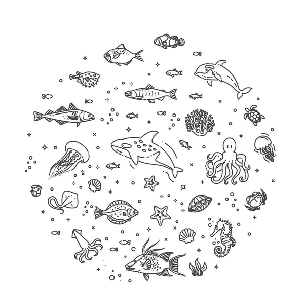Kehidupan Laut Koleksi Outline Fauna Bawah Air - Stok Vektor