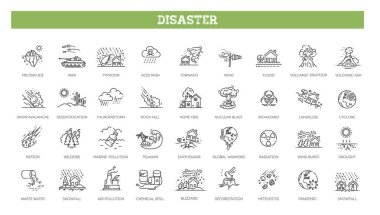 Disaster Icon Pack. Collection of thin line icons related to different disasters