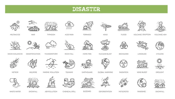 Disaster Icon Pack Collection Thin Line Icons Related Different Disasters — Stock Vector