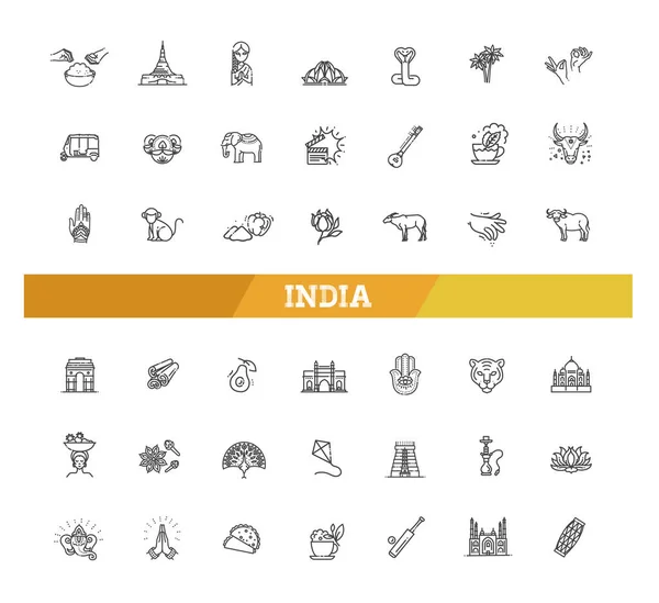 India Icons Set Indian Attractions Line Design Tourism India Isolated — Stock Vector