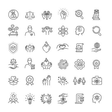 Etik Simgeleri yığını. Doğrusal nokta biçim simgeleri. Vektör illüstrasyonu