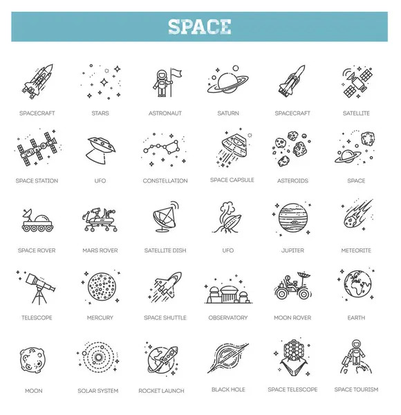 Space Exploration Icons Pack Thin Line Icon Collection Outline Web — Vector de stock