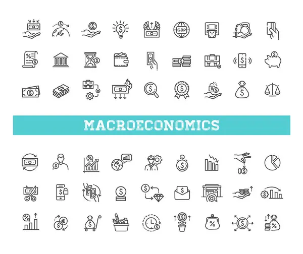Macro Economía Iconos Símbolos Contorno Vectorial — Vector de stock