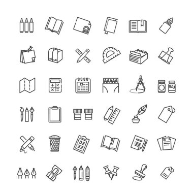 Kırtasiye simgeleri seti. İnce doğrusal biçim simgeleri paketle