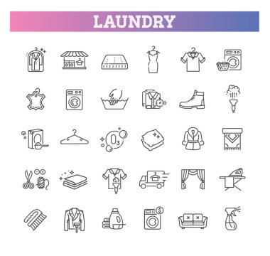 Laundry services related vector line icons with ironing, washing machine, dry cleaning, dirty clothing clipart