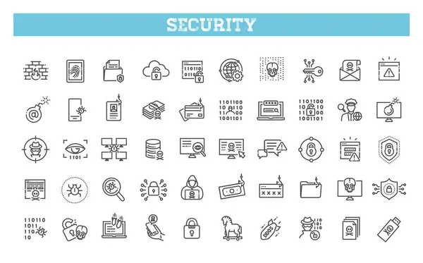 Иконки Линий Безопасности Технологий Набор Иконок Кибератаки Векторная Графика
