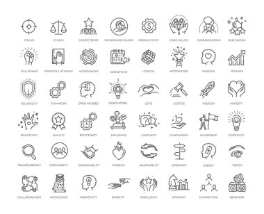 Growth chart, innovation, core values network Vector icons