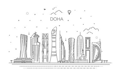 Gökyüzü arka planında panorama olan Doha Skyline şehir manzarası çizimi. Vektör İllüstrasyonu. Modern binalarla iş seyahati ve turizm kavramı. Pankart veya web sitesi için resim