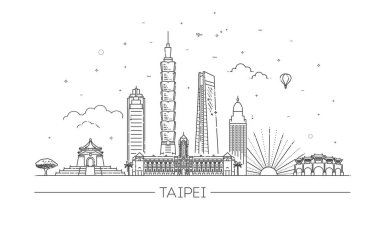 Beyaz arka planda panorama olan Taipei silueti. Vektör İllüstrasyonu