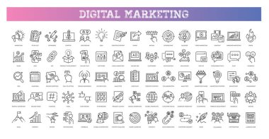 Pazarlama simgesi seti - Arama motoru optimizasyonu. İnce çizgi ağ simgesi koleksiyonu. Dijital pazarlama simgeleri