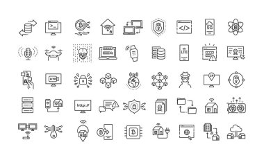 Bilgi alışverişi, trafik, dosyalar, bulut, sunucu. Taslak simge koleksiyonu