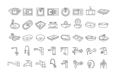 Lavabo ve lavabo musluğu simgesi seti. Banyo ve duş karıştırıcıları