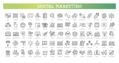 Pazarlama simgesi seti - Arama motoru optimizasyonu. İnce çizgi ağ simgesi koleksiyonu. Dijital pazarlama simgeleri