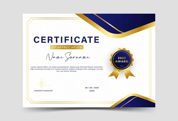 Modello Certificato Premio Fantasia Gradazione Colore Blu Scuro Con Bordo — Vettoriale Stock