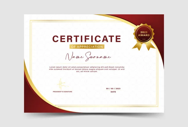 Modello Certificato Premio Gradazione Colore Rosso Fantasia Con Bordo Oro — Vettoriale Stock