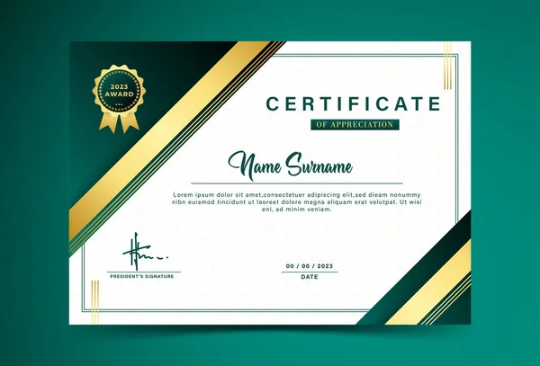 Modelo Certificado Prêmio Gradação Cor Verde Luxo Com Linhas Ouro —  Vetores de Stock