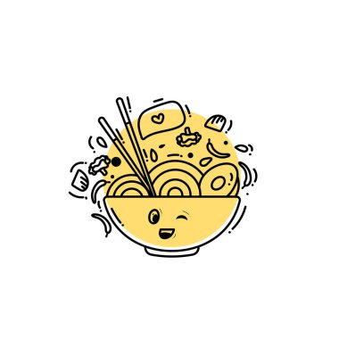 Çeşitli soslu erişte, yumurta ve çubuklu erişte çizimi.