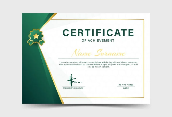 Certyfikat Osiągnięcia Certyfikat Wzór Zielony Złoty Efekt Geometrycznynagroda Projekt Dyplomu — Wektor stockowy