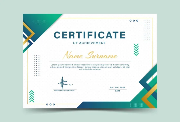 Modello Certificato Conseguimento Effetto Geometrico Verde Doratoaward Diploma Design Blank — Vettoriale Stock