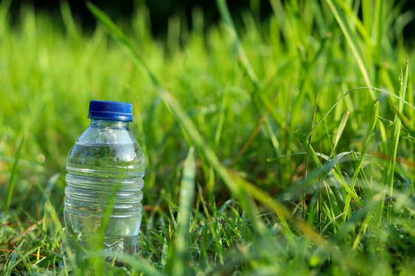Πλαστικό Μπουκάλι Νερό Φόντο Πράσινο Γρασίδι Μπουκάλι Νερό Γρασίδι Φόντο — Φωτογραφία Αρχείου