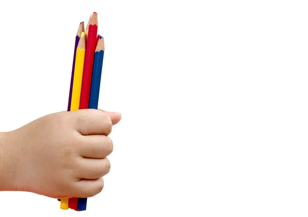 Kind Hand Potloden Kleur Witte Achtergrond — Stockfoto