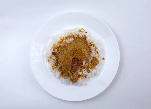 Vista Dall Alto Piatto Riso Bianco Caldo Condito Con Curry — Foto Stock